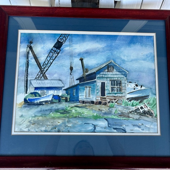 Other - Vintage Seaside Watercolor Painting: Boatyard Scene by Margaret Ostranded